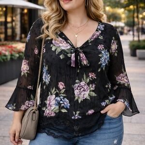 1X Sunny Taylor Floral Crinkle Whimsigoth Western Boho Chiffon Blouse Plus Sz